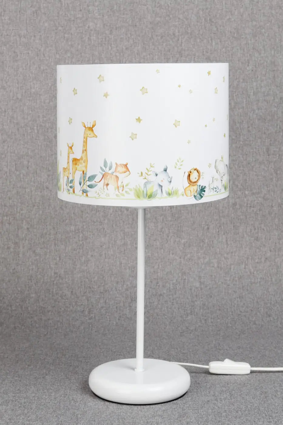 Lampe de table sweet dreams jaune aux animaux avec abat-jour blanc étoiles dorées et lumière douce pour chambre d’enfant
