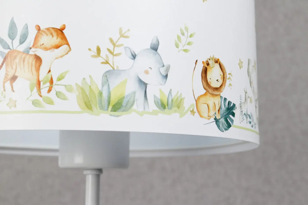Lampe de table sweet dreams jaune blanc avec abat-jour blanc jaune aux animaux, illustration douce et étoiles dorées