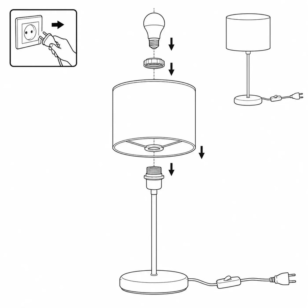 Lampe de table sweet dreams jaune blanc cylindrique avec tige fine base ronde et cordon intégré pour chambre d’enfant étoiles dorées note chaleureuse