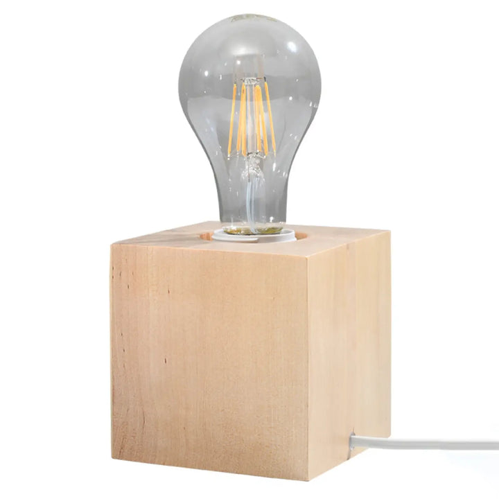 Lampe de table avec ampoule en verre clair et base cube en bois clair bureau ariz bois ariz