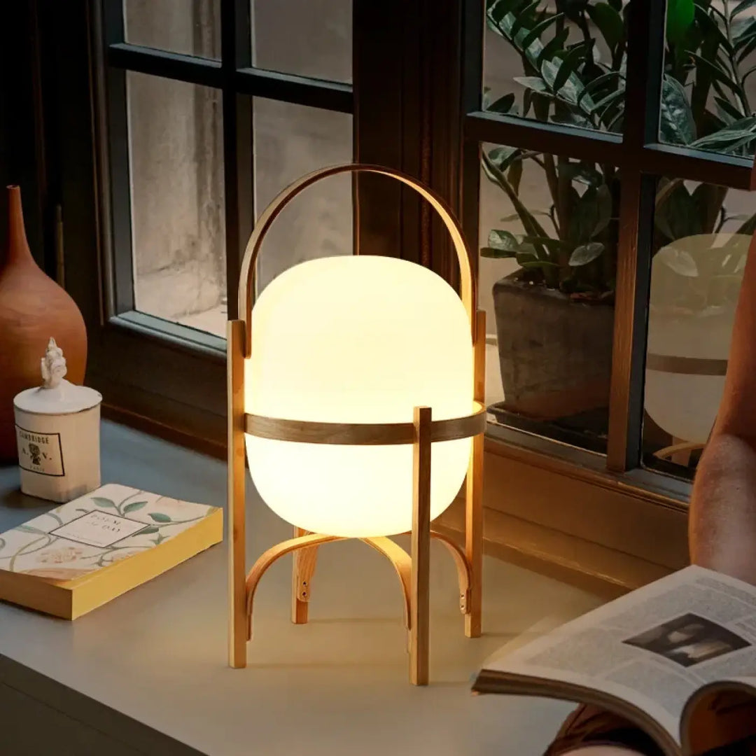 Lampe de table luna avec cadre en bois et poignée minimaliste pour décoration intérieure style japonais et objet décoratif