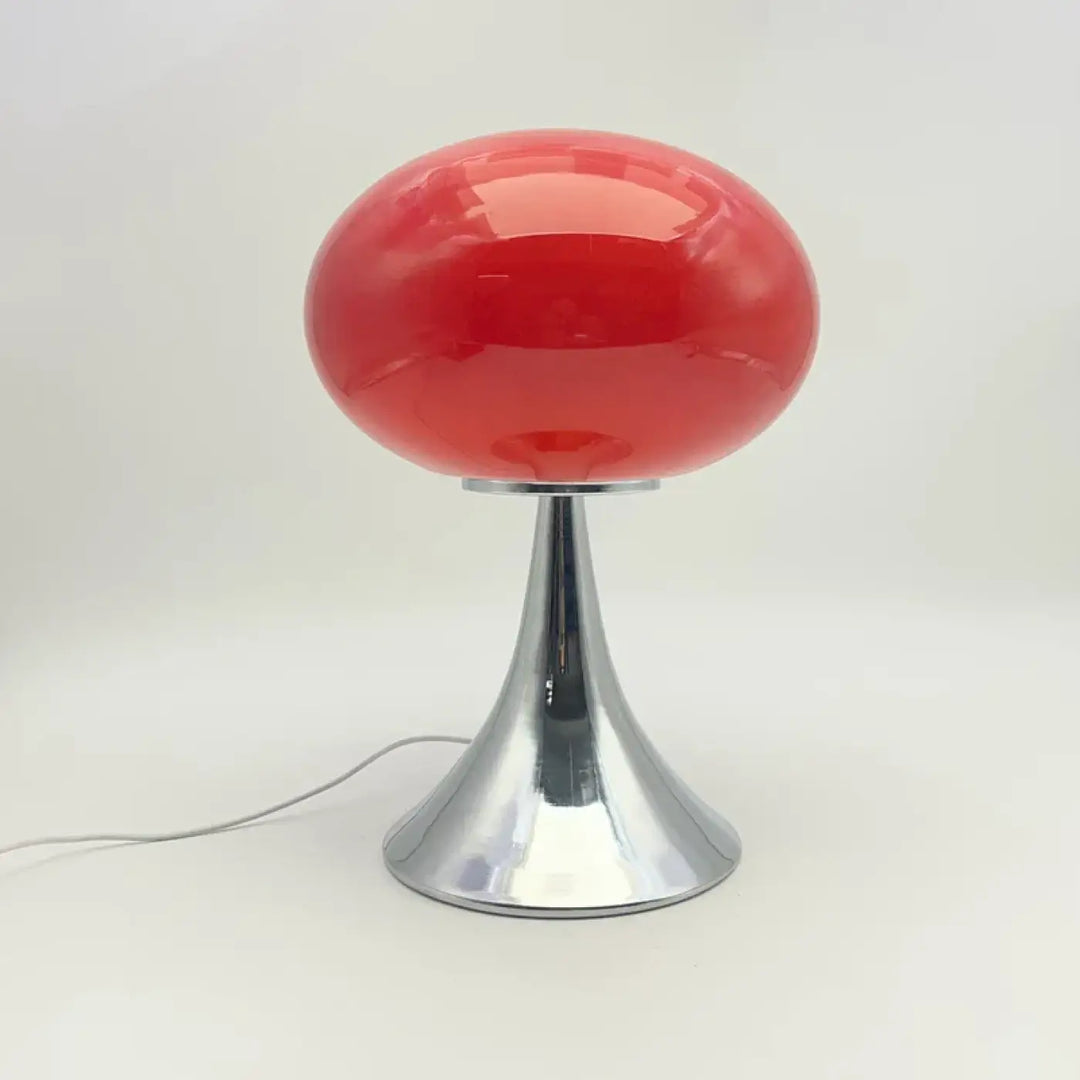 Lampe de table nuacre avec pied chromé et design champignon orange en verre rouge brillant