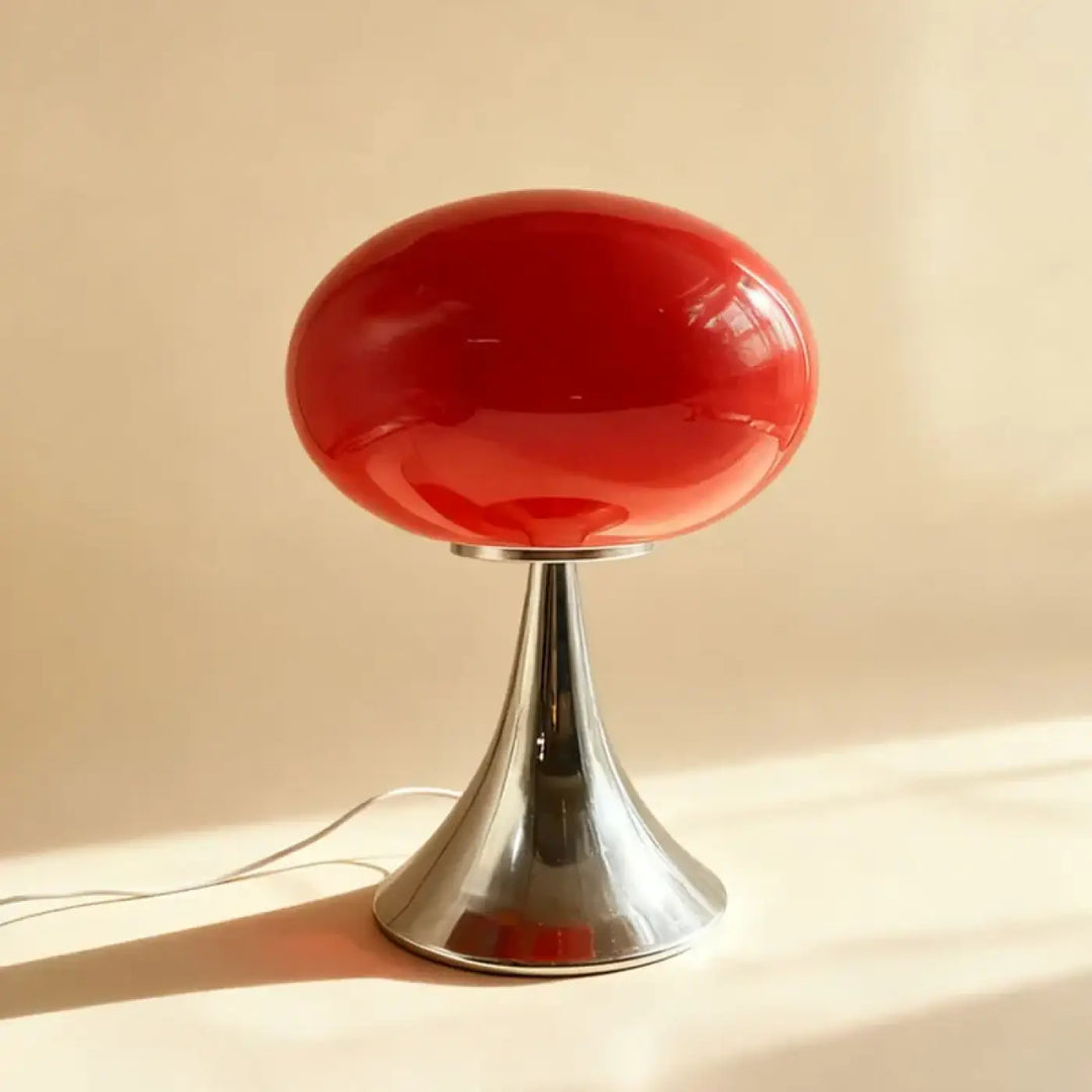 Lampe de table nuacre design champignon orange avec pied chromé et abat-jour en verre rouge brillant