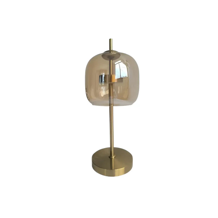 Lampe de table zelia avec métal doré et abat-jour en verre transparent ambré au design minimaliste élégant