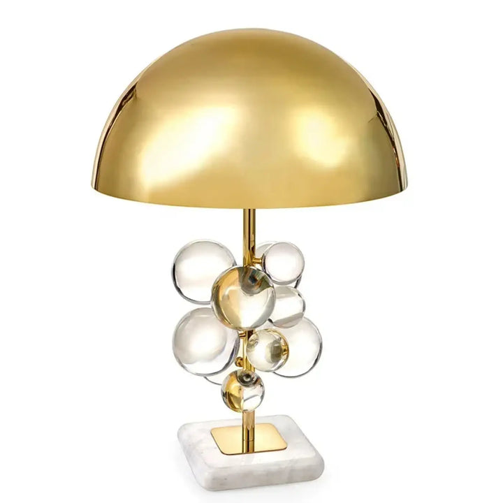 Lampe de table opaly avec dôme doré, bulles en verre transparent et base en marbre blanc pour décoration intérieure contemporaine
