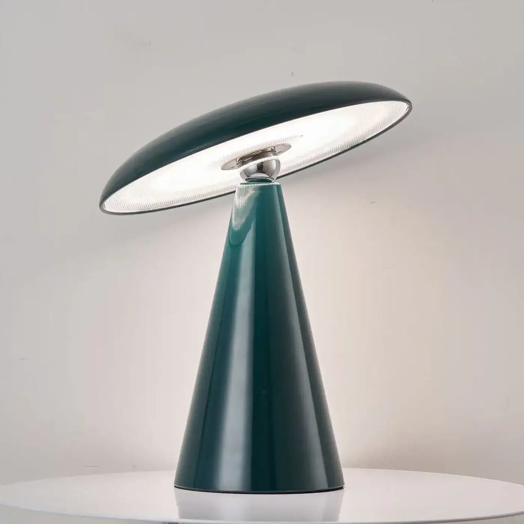 Lampe de table moderna teal avec finition glossy et abat-jour en verre dépoli circulaire champignon à l’allure vintage