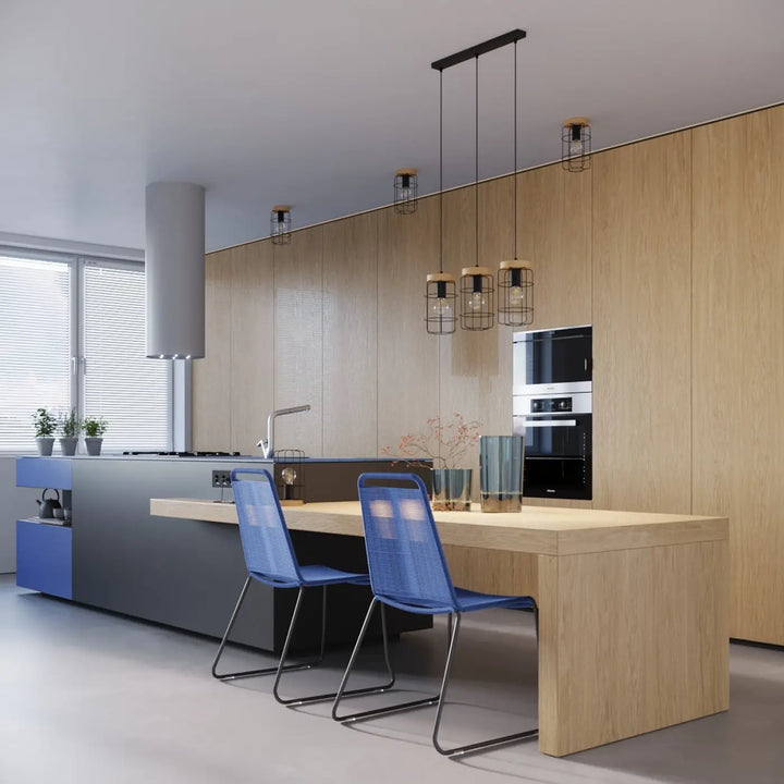 Lampe de table série gotto avec chaises de salle à manger en maille bleue moderne cadre métal noir style loft