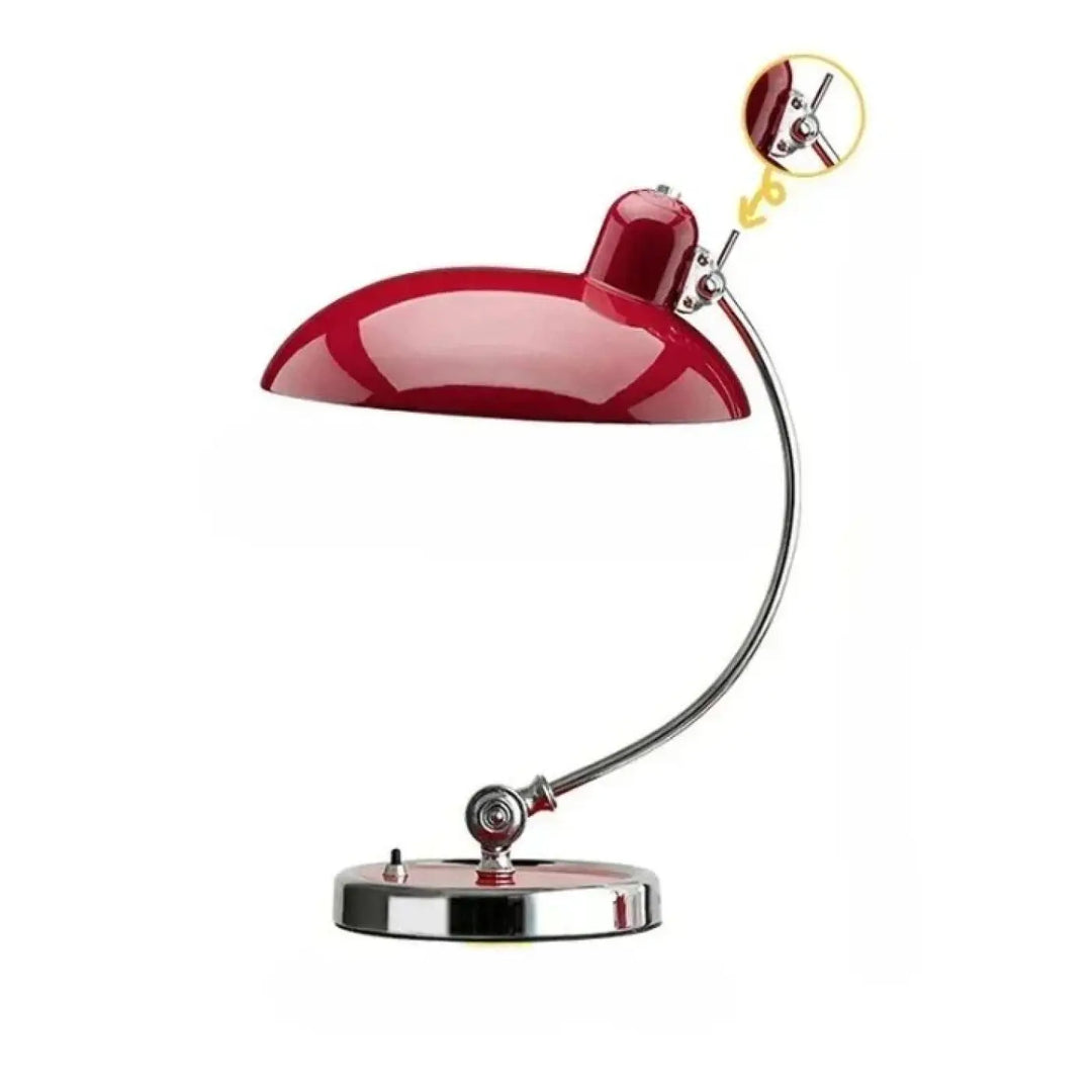 Lampe de table moderne arcane rouge brillante avec bras et base en chrome courbé
