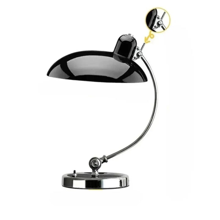 Lampe de table moderne arcane en métal noir laqué avec bras chromé courbé et base circulaire