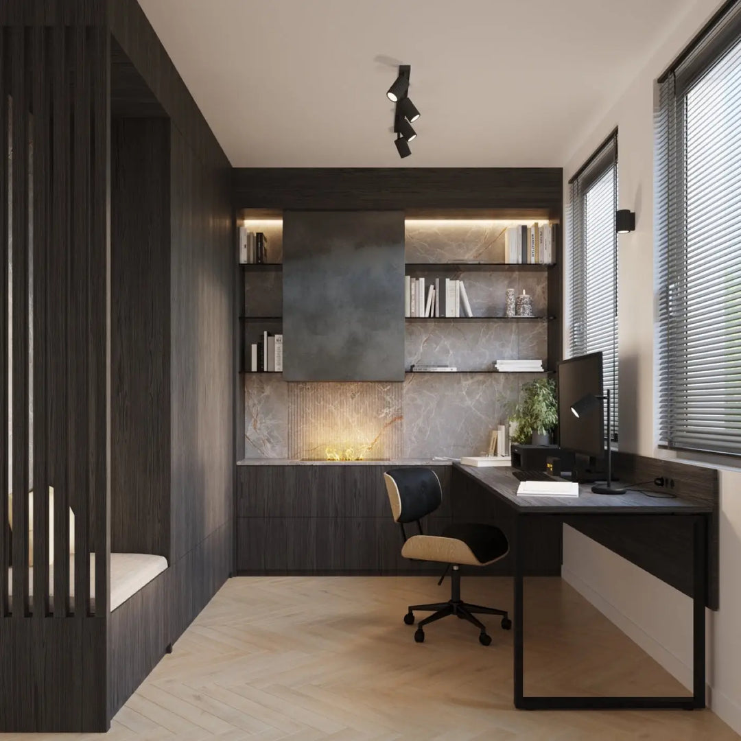 Lampe a poser karbon noir avec bureau bois foncé, pieds metal noir, design minimaliste et ampoules gu10 interchangeables