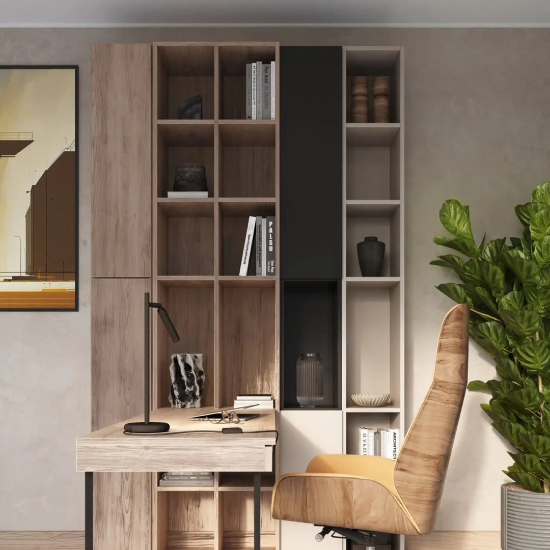 Bureau pastelo en bois moderne avec étagères intégrées et pieds métal noir matériaux robustes pour lampe pastelo