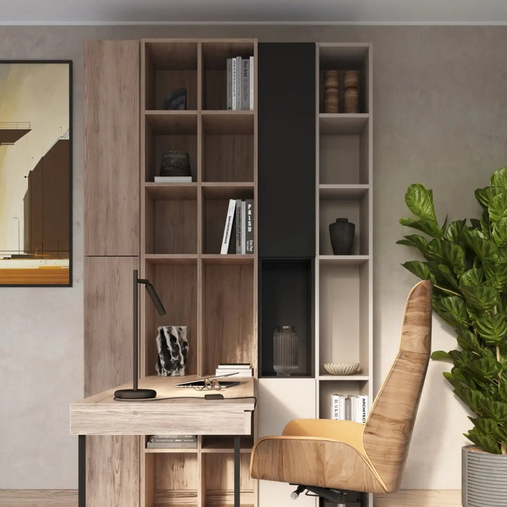 Bureau pastelo en bois moderne avec étagères intégrées et pieds métal noir matériaux robustes pour lampe pastelo
