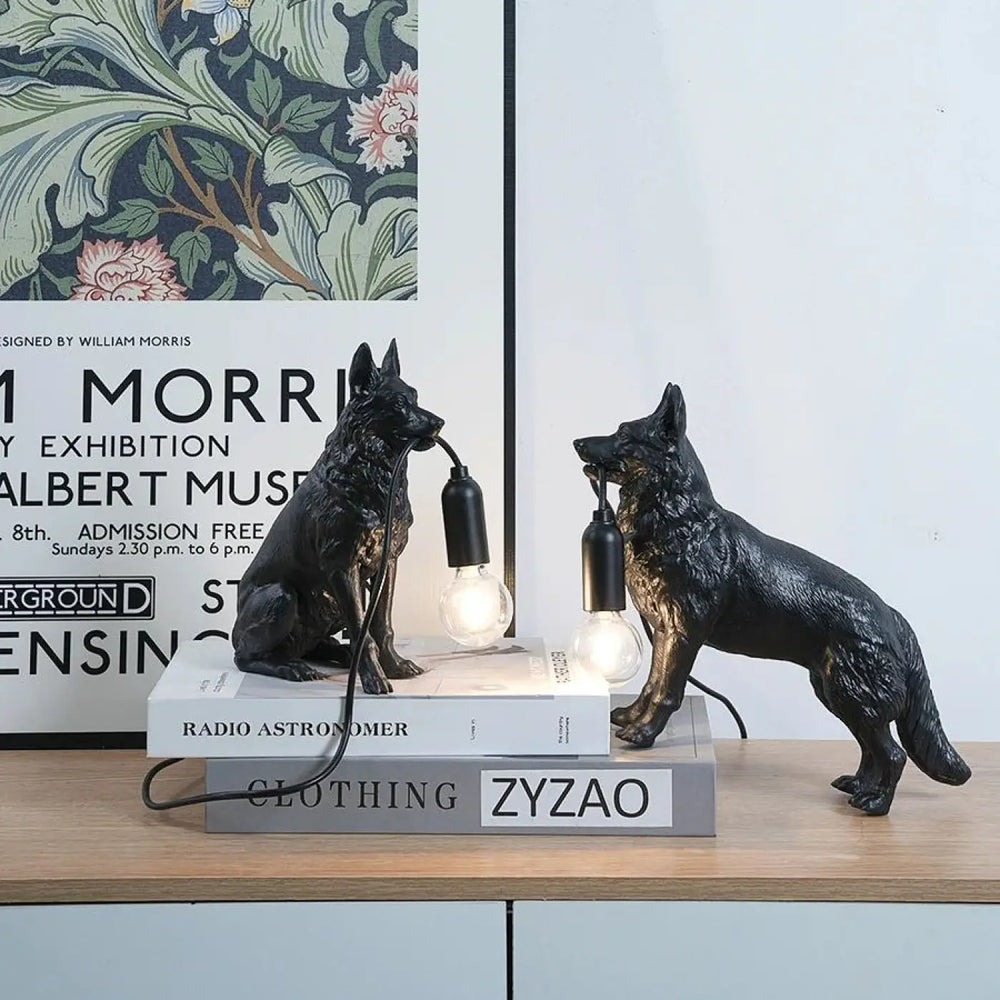 Lampe de table kanis berger allemand lumineux en figurine noire mate avec ampoule exposée design sculptural moderne