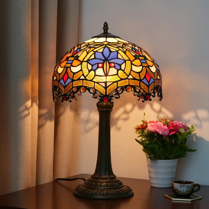 Lampe de table nanih style vintage tiffany avec abat-jour en verre teinté floral or bleu et ambre