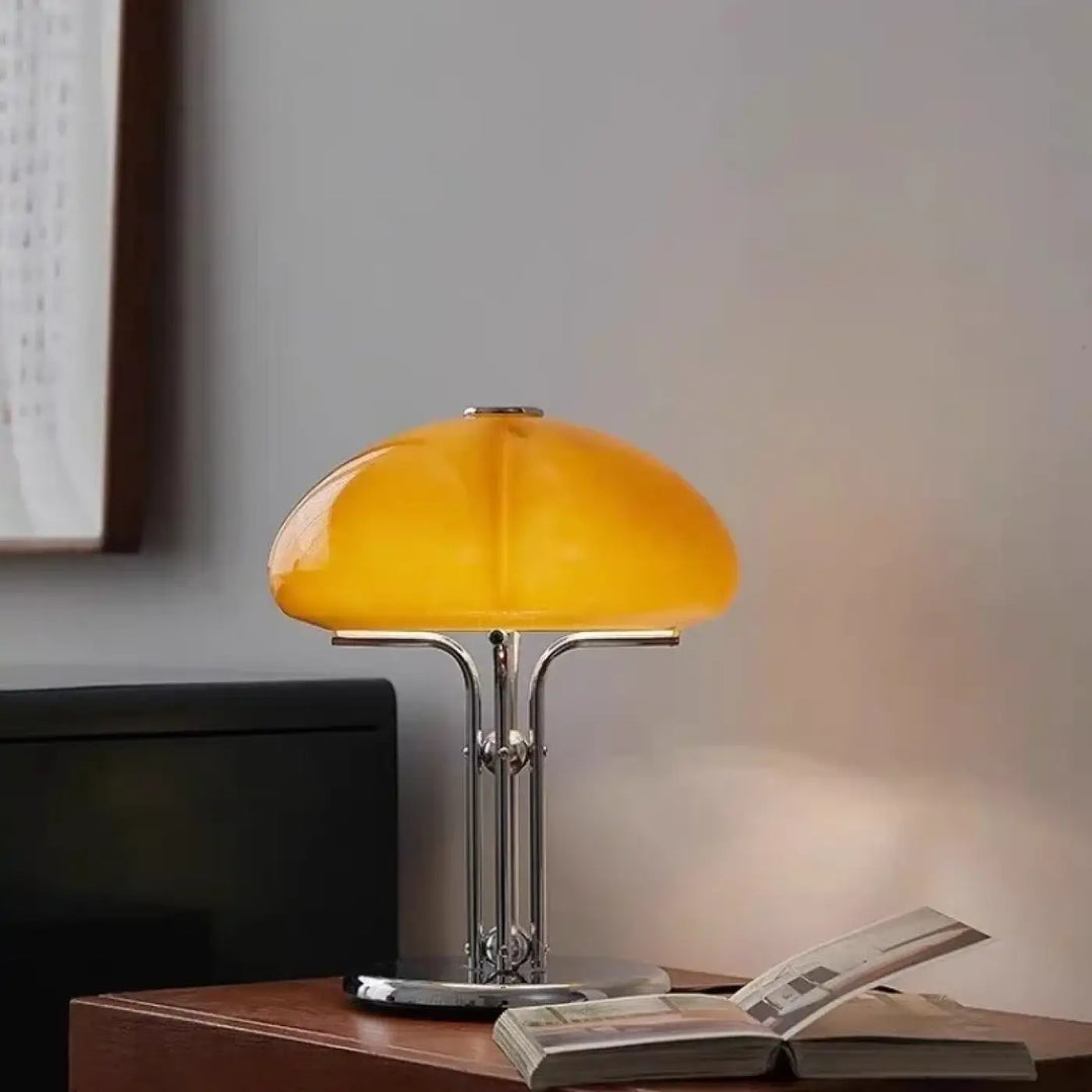 Lampe de table vintage orange en verre avec pied chrome