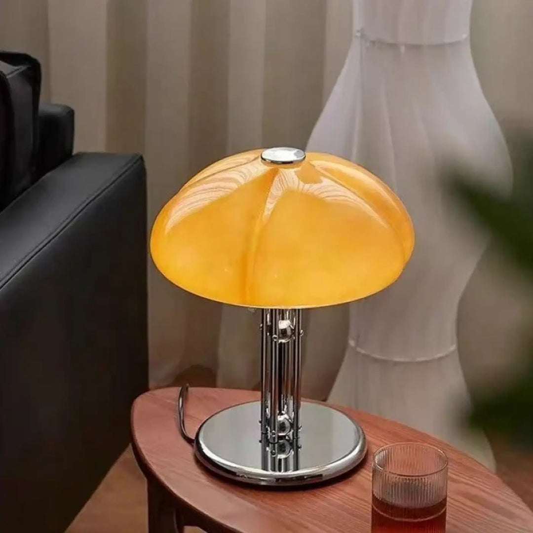 Lampe de table vintage orange en verre avec pied chrome