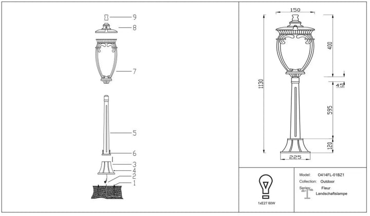 Lampadaire extérieur fleur modèle q414fl-01bz1 lanterne italienne en métal orné avec verre courbé pour bord d’une terrasse