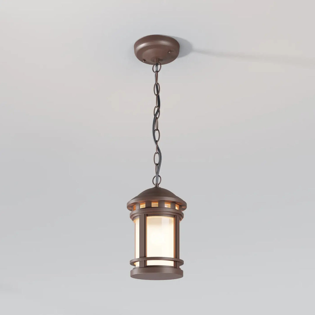 Lanterne suspendue salamanca finition bronze avec verre cylindrique et bandes métalliques décoratives aux porches