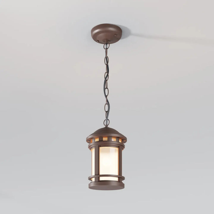 Lanterne suspendue salamanca finition bronze avec verre cylindrique et bandes métalliques décoratives aux porches