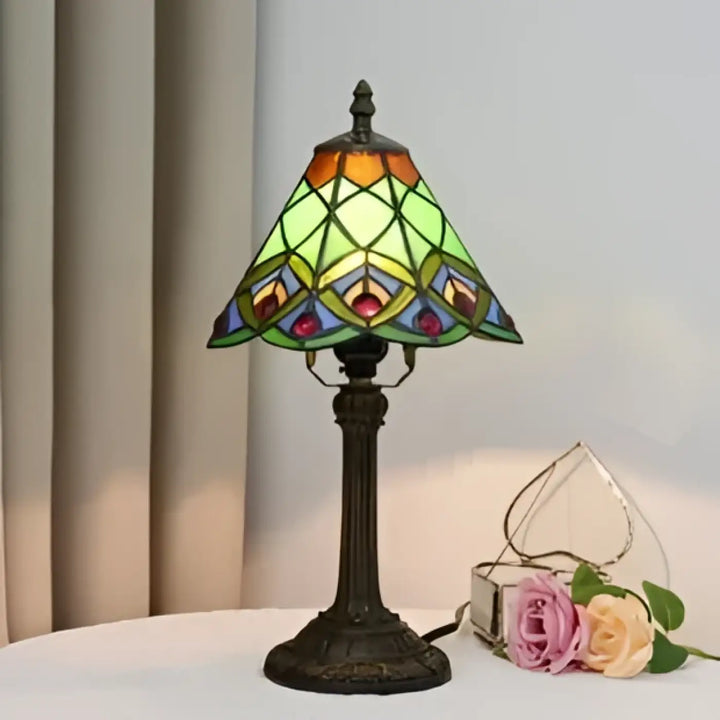 Lampe de chevet lampe de chevet antika luminaire antique en verre teinté design vintage plumes de paon vert orange bleu base en bronze