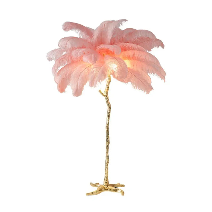 Lampadaire exotis avec plumes colorées roses et socle doré style luminaire palmier en métal doré