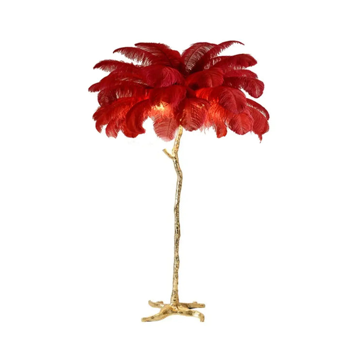 Lampadaire exotis avec plume rouge et socle doré luminaire palmier original aux plumes colorées élégantes