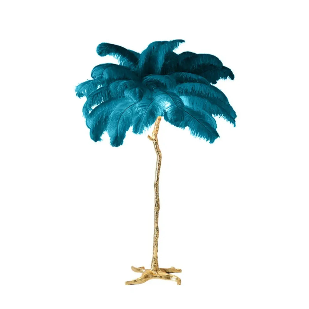 Lampadaire exotis avec plumes colorées teal et socle doré texturé luminaire palmier élégant