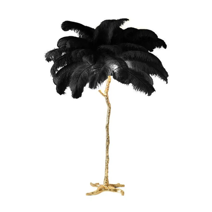 Lampadaire exotis élégant en plumes noires d’autruche avec socle doré luminaire palmier design raffiné
