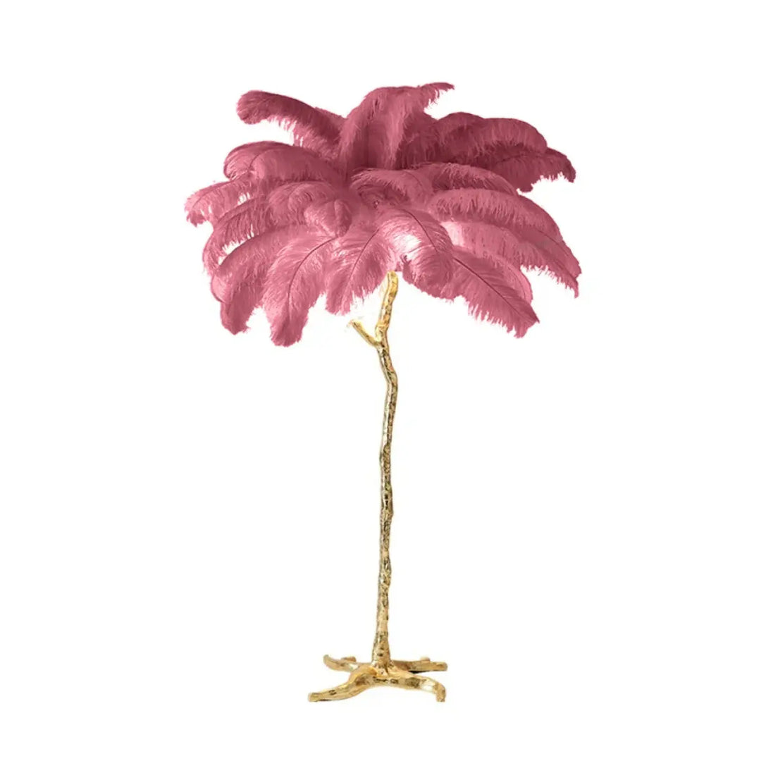Lampadaire exotis avec socle doré en forme d arbre et plumes colorées roses style luminaire palmier