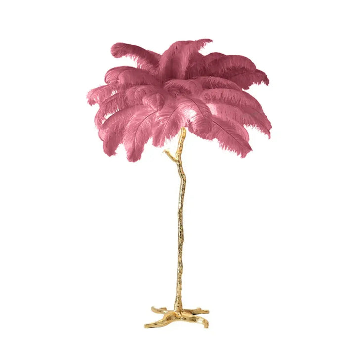 Lampadaire exotis avec socle doré en forme d arbre et plumes colorées roses style luminaire palmier