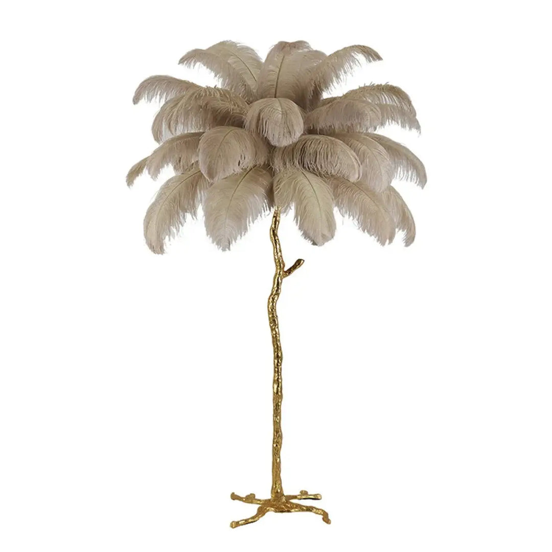 Lampadaire exotis avec socle doré et plumes colorées beige en luminaire palmier élégant et raffiné