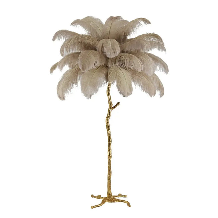 Lampadaire exotis avec socle doré et plumes colorées beige en luminaire palmier élégant et raffiné