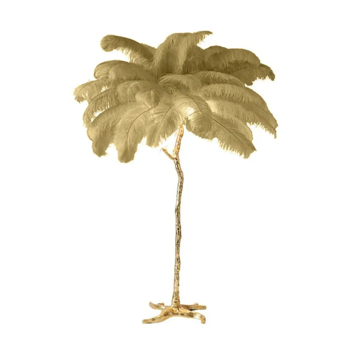 Lampadaire exotis avec luminaire palmier doré, socle doré et plumes colorées, tige texturée et frondes larges