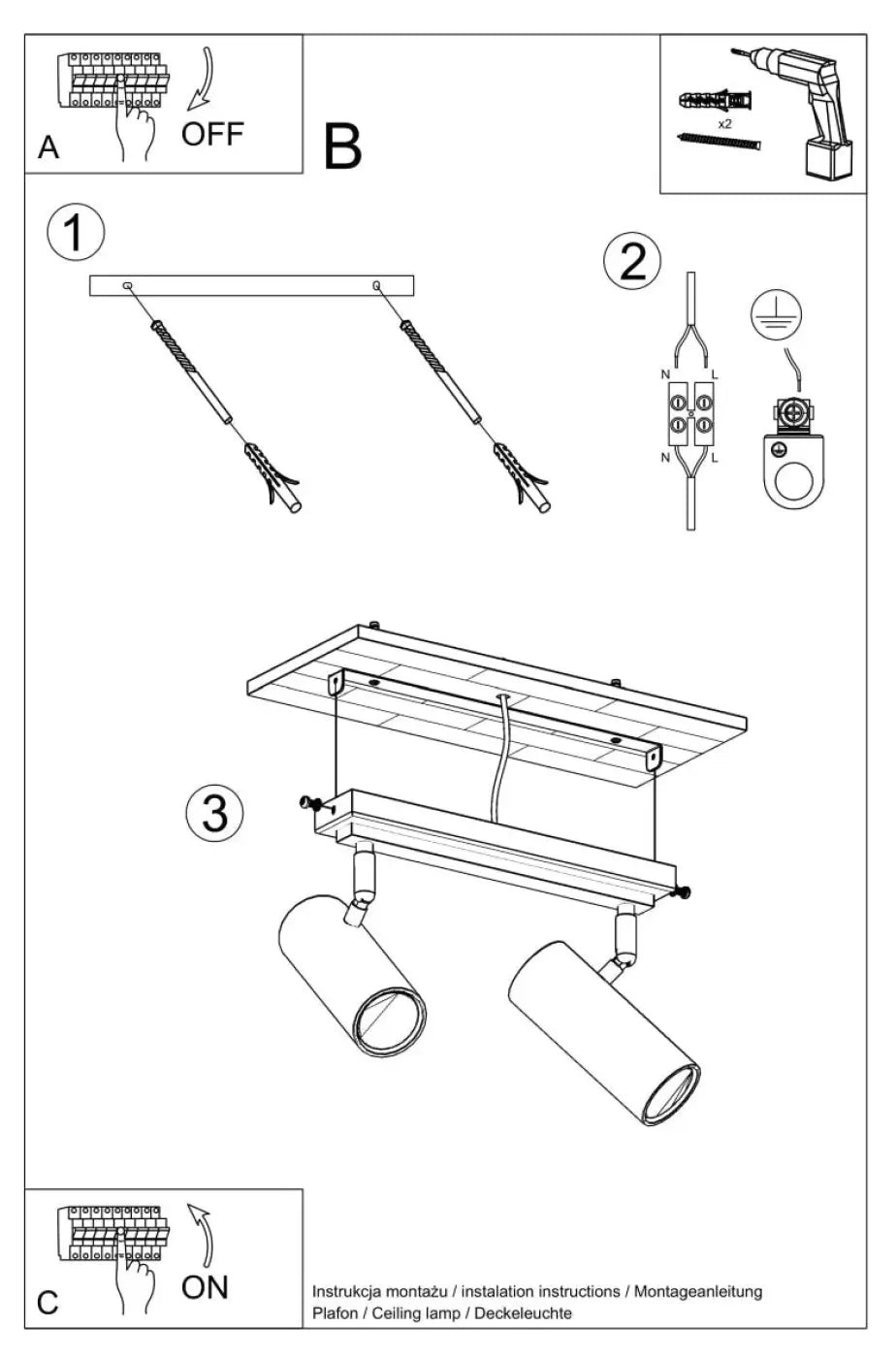 Diagramme dinstallation pour luminaire plafonnier direzione 2 blanc avec éclairage élégant à plafond minimaliste