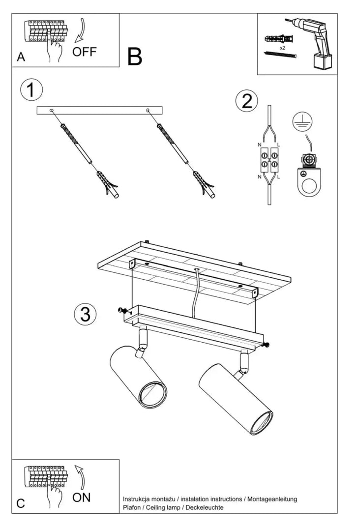 Luminaire plafonnier série direzione 2 noir avec deux spots cylindriques ajustables pour un éclairage élégant plafond minimaliste