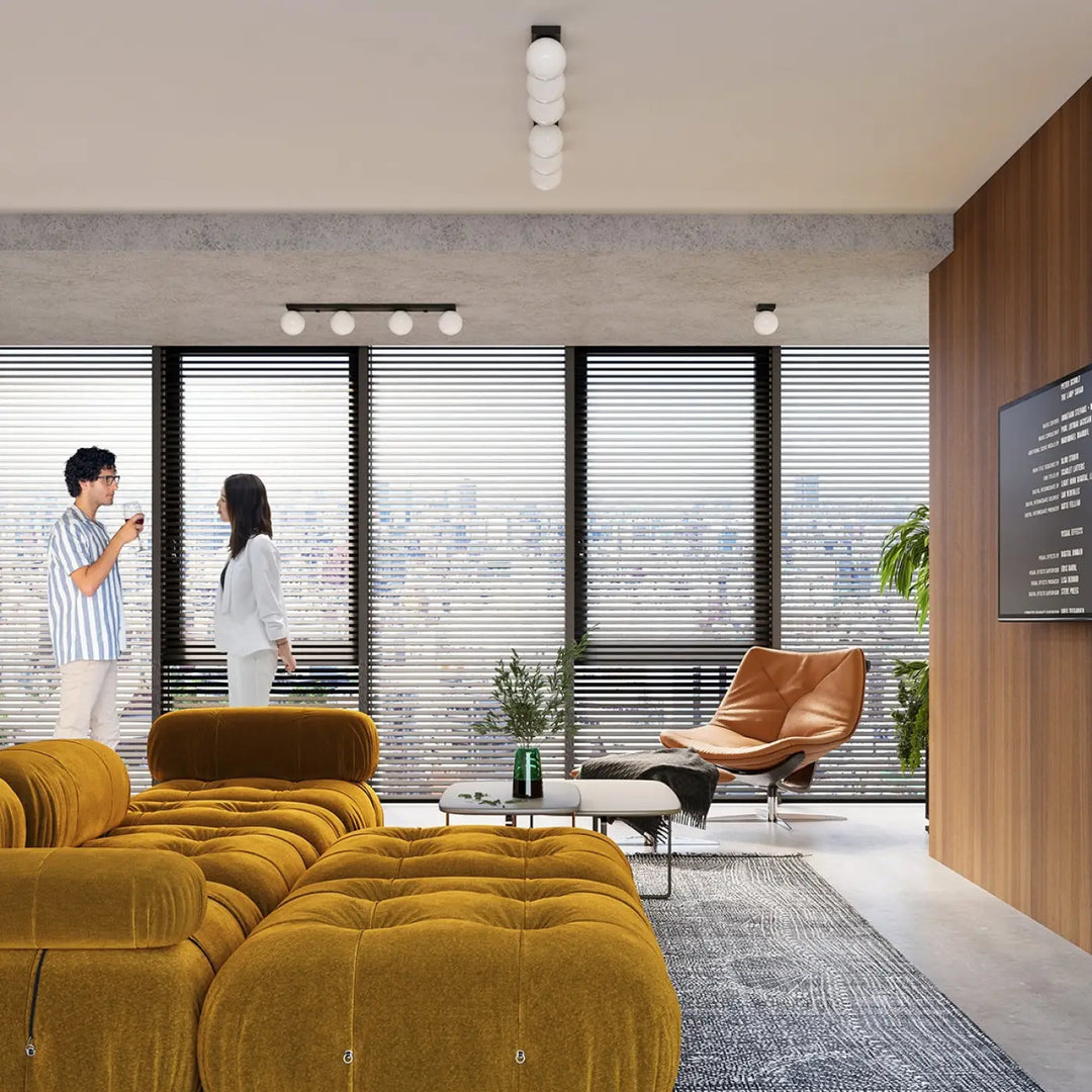 Sectionnel en velours capitonné jaune moutarde luminaire plafonnier yoli 3 noir classe à part part entière