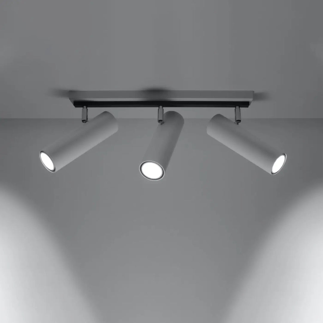 Luminaire plafonnier direzione 3 blanc avec spot cylindrique mat blanc réglable sur barre noire pour plafond minimaliste