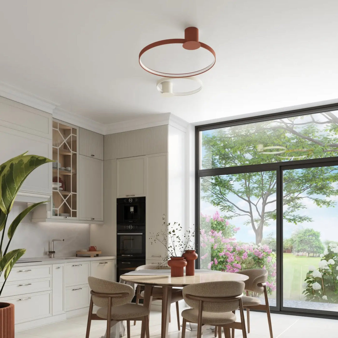 Luminaire plafonnier collection rio avec anneaux led en aluminium allient élégance terracotta et blanc beige 4000k