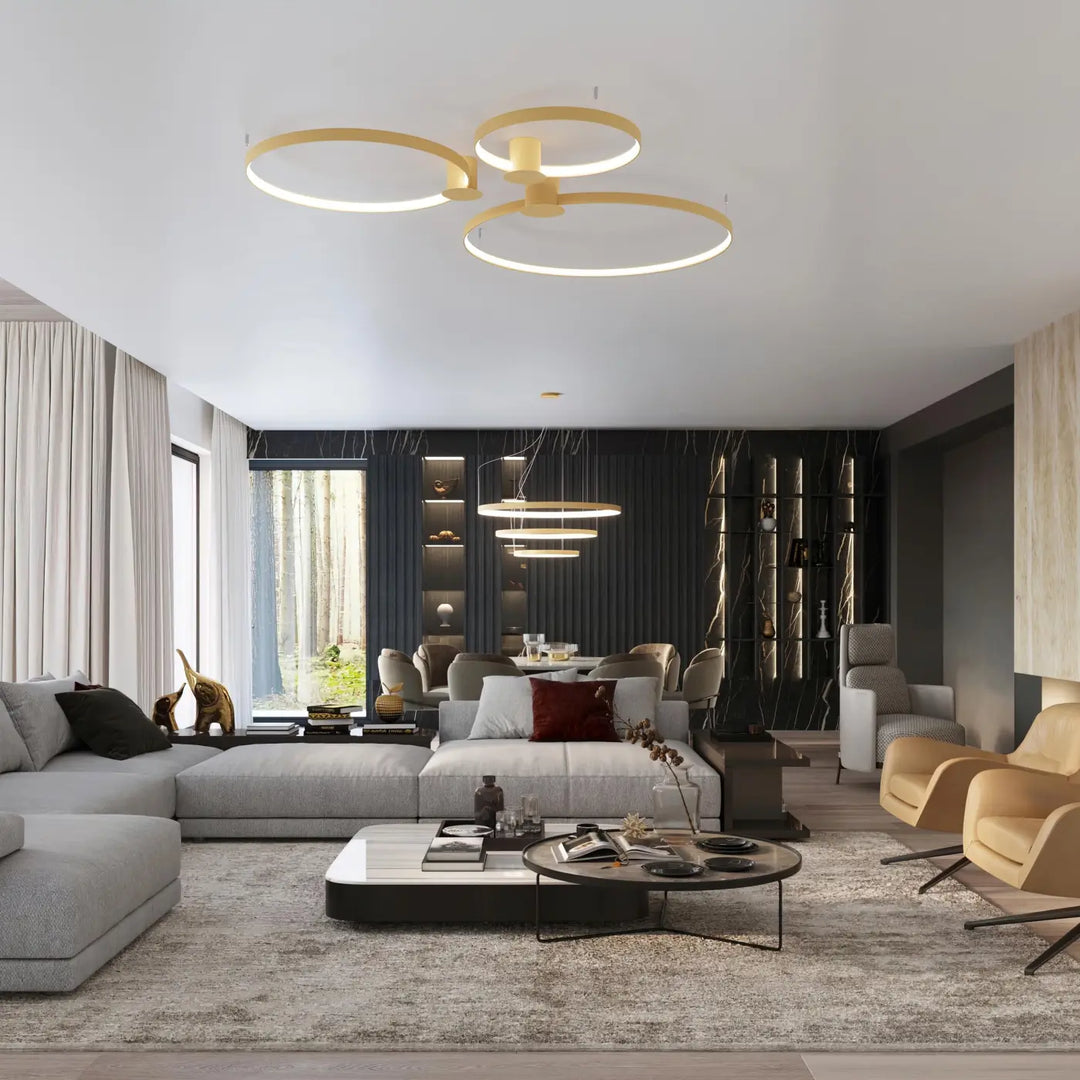 Luminaire plafonnier rio 55 4000k doré avec modules led et efficacité lumineuse élevée en anneaux dorés modernes