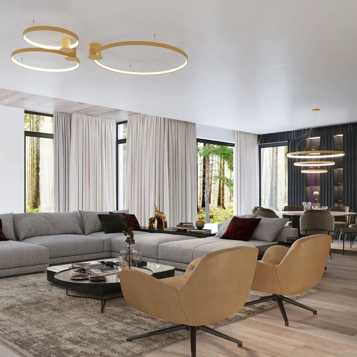 Luminaire plafonnier rio 55 doré avec modules led circulaires et efficacité lumineuse élevée au design minimaliste