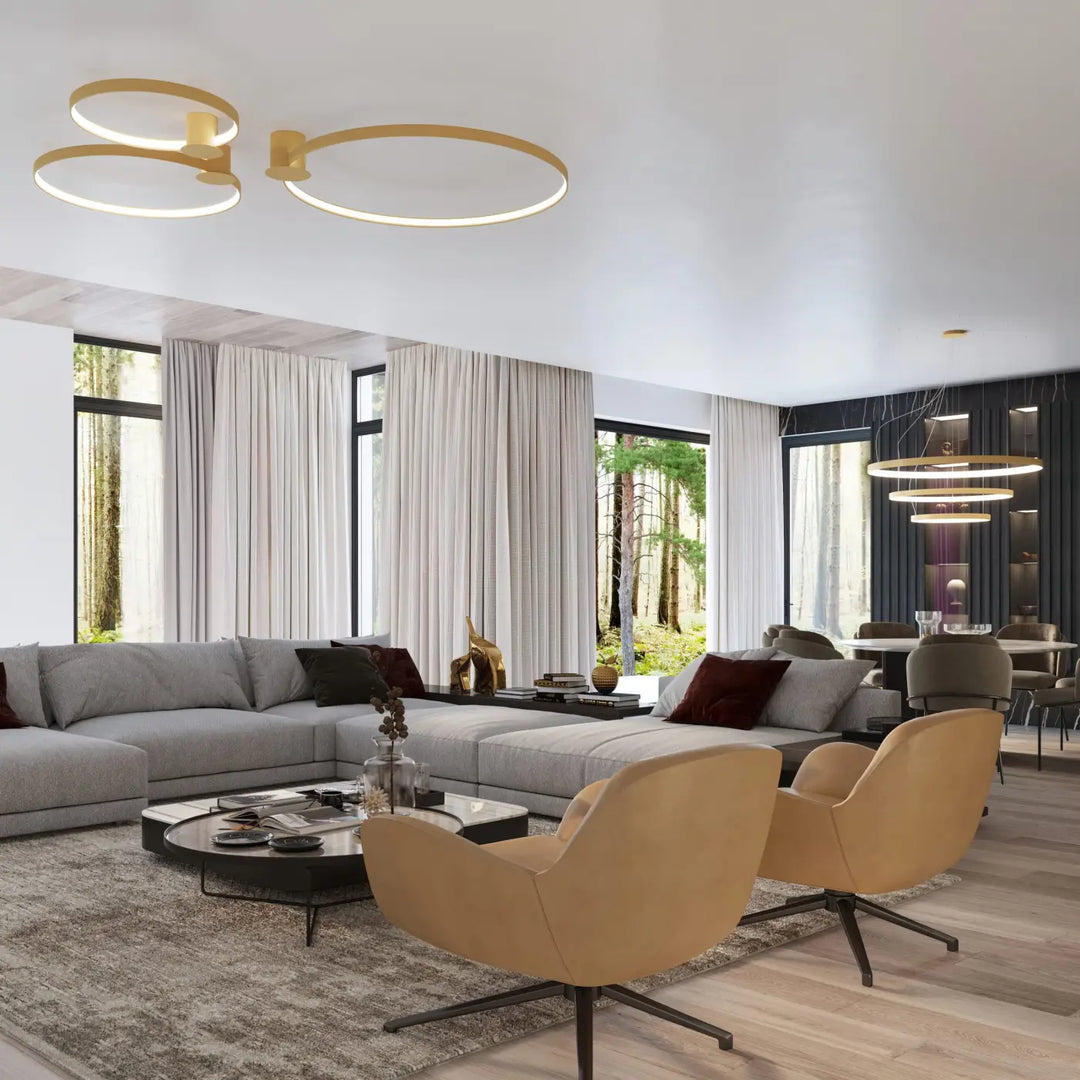 Plafonnier rio doré à design unique et efficacité lumineuse élevée avec structure circulaire moderne et minimaliste