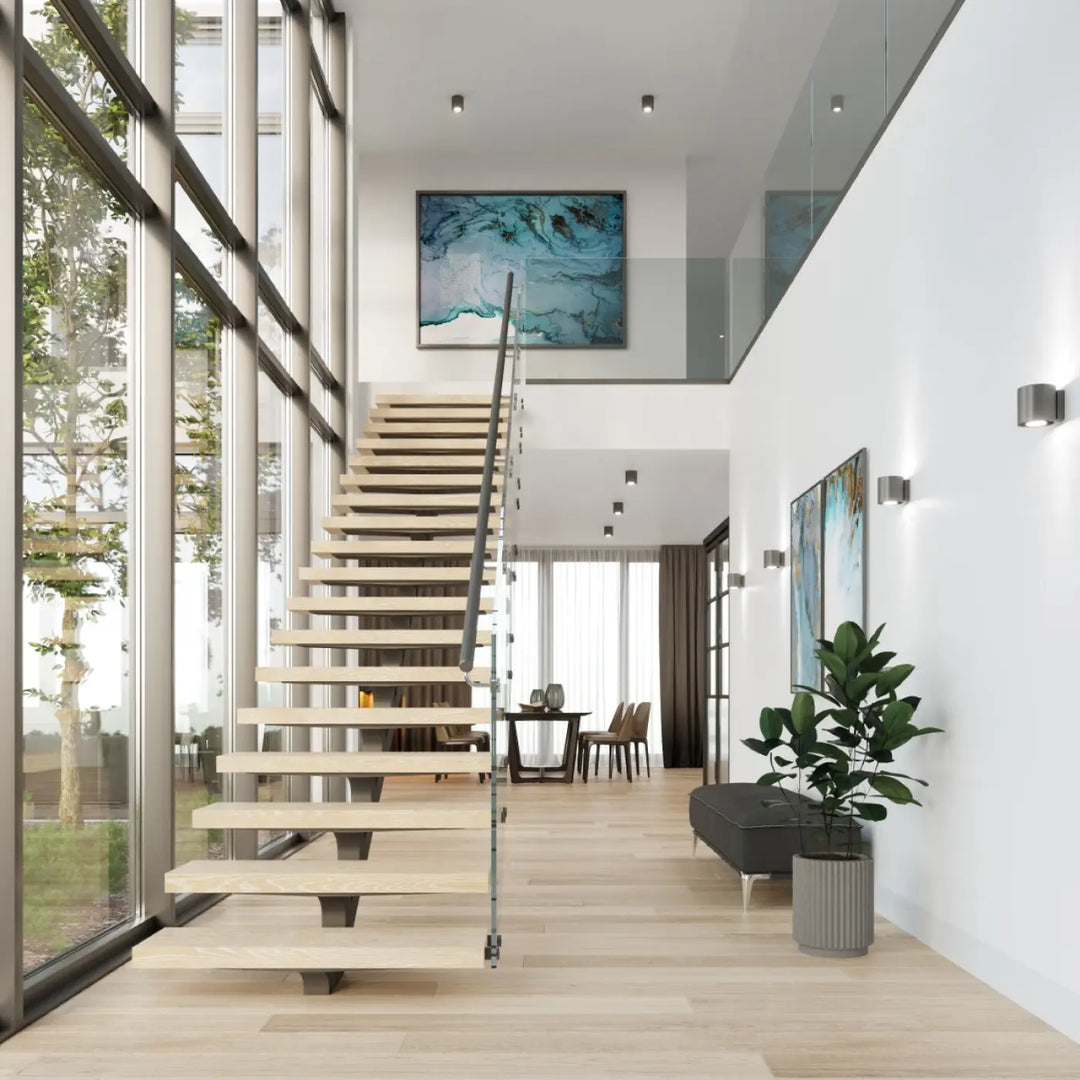 Luminaire plafonnier orbis 1 anthracite avec escalier moderne minimaliste en bois naturel clair et garde-corps noir sleek