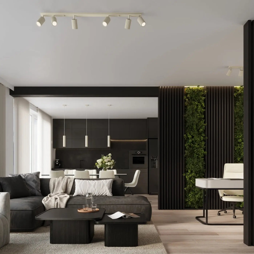 Luminaire plafonnier karbon 6l beige avec design minimaliste et ampoules gu10 interchangeables près d un canapé noir moderne