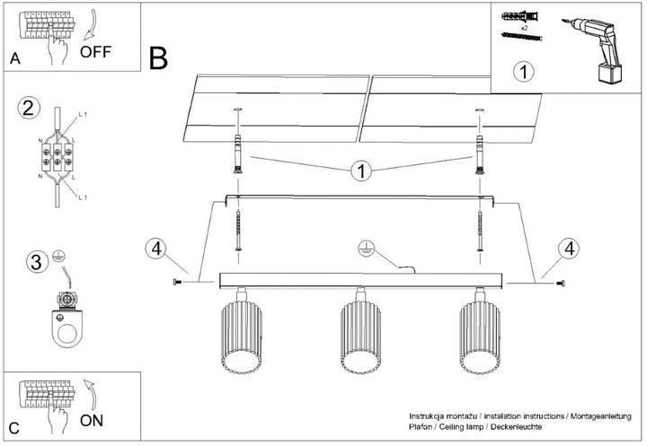 Luminaire plafonnier karbon 3l beige avec trois ampoules gu10 interchangeables design minimaliste et ribbé