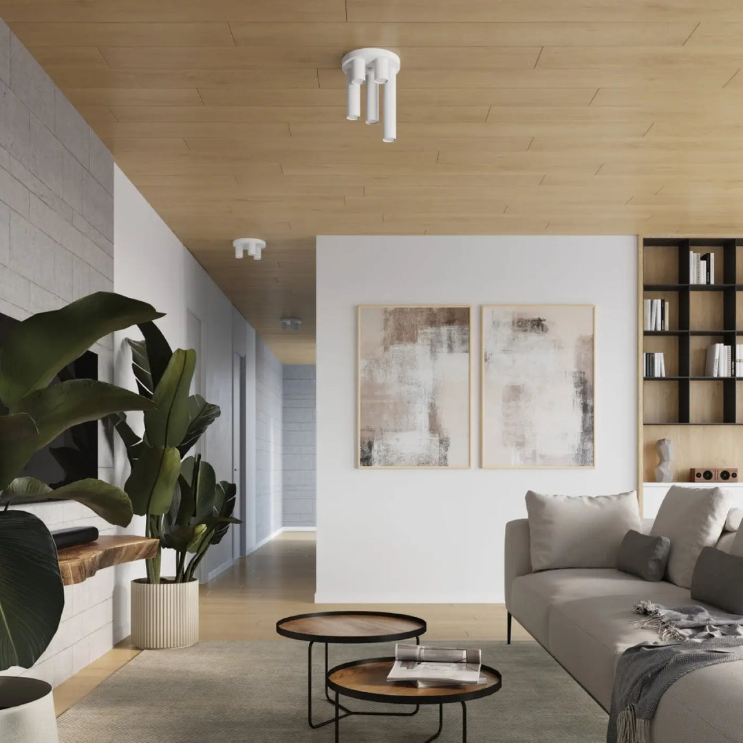 Plafonnier lagos blanc avec trois bras cylindriques pour un caractère chic et une lampe lagos design contemporain