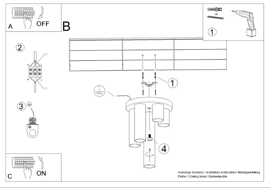 Plafonnier lagos 5p blanc avec plusieurs abat-jours cylindriques en design étagé et schéma de câblage intégré