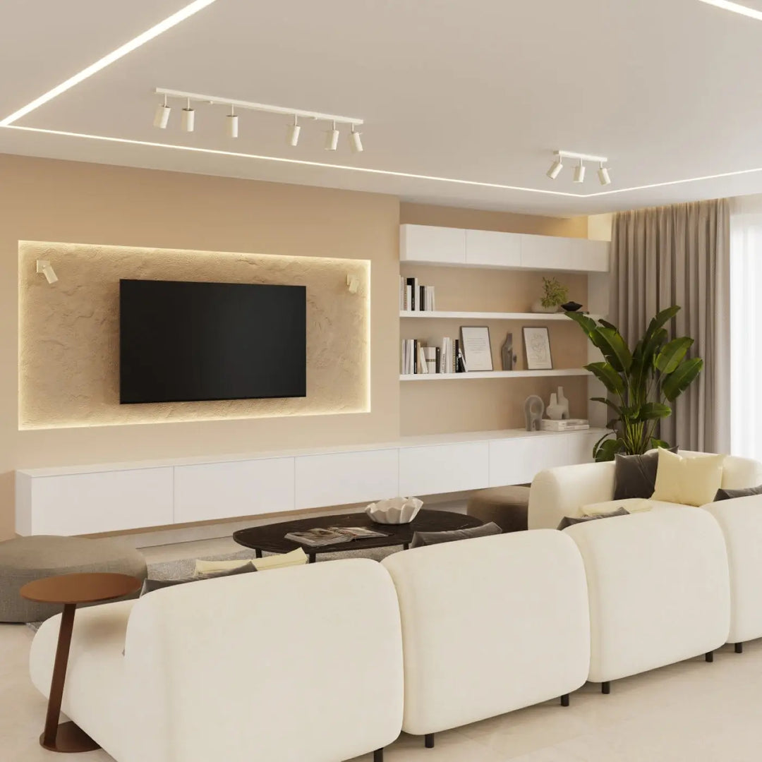Luminaire plafonnier ring 3p beige avec canapé sectionnel blanc moderne aux coussins arrondis pour éclairage flexible minimalisme moderne