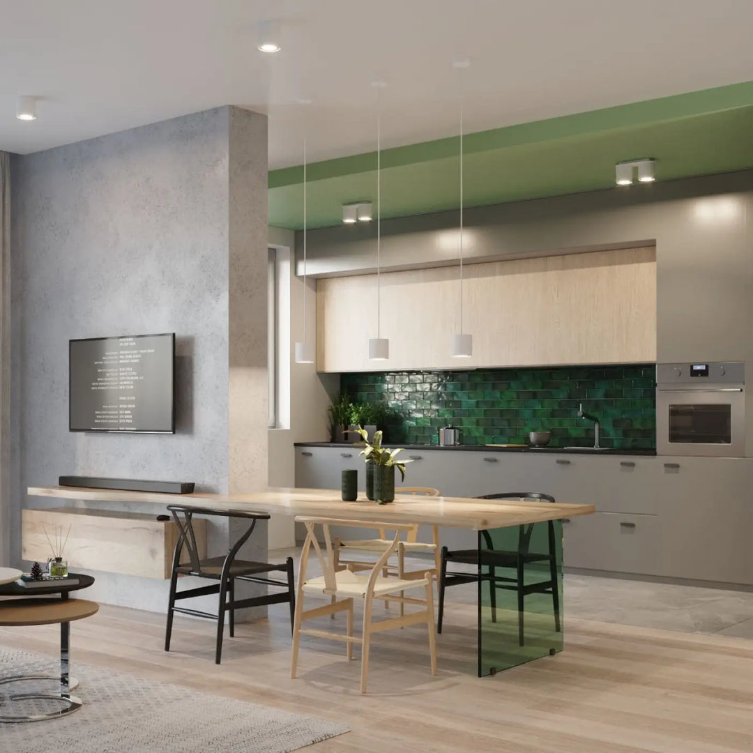 Luminaire plafonnier orbis 2 blanc dans une cuisine moderne avec armoires blanches et crédence carrelage vert bois naturel