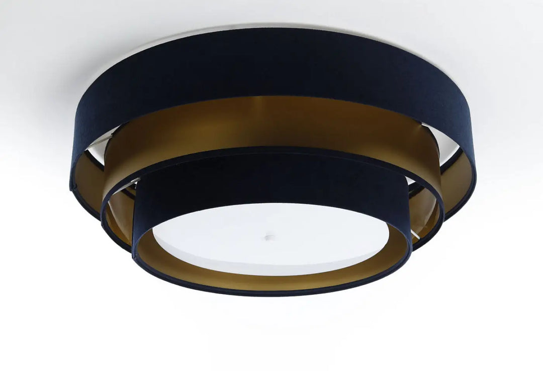 Luminaire plafonnier bleu marine triniti elegant en velours bleu marine et métal doré avec diffuseur en verre dépoli circulaire