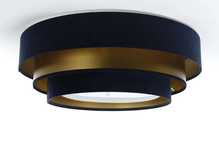 Luminaire plafonnier bleu marine triniti elegant avec anneaux concentriques en velours bleu marine et bord doré métallique